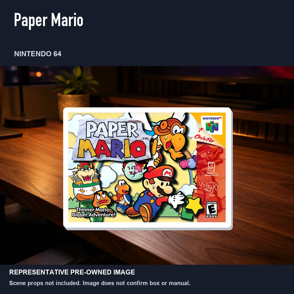 Representative pre-owned Paper Mario (Nintendo 64), product image in a styled desk scene.