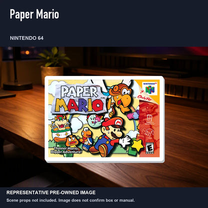 Representative pre-owned Paper Mario (Nintendo 64), product image in a styled desk scene.