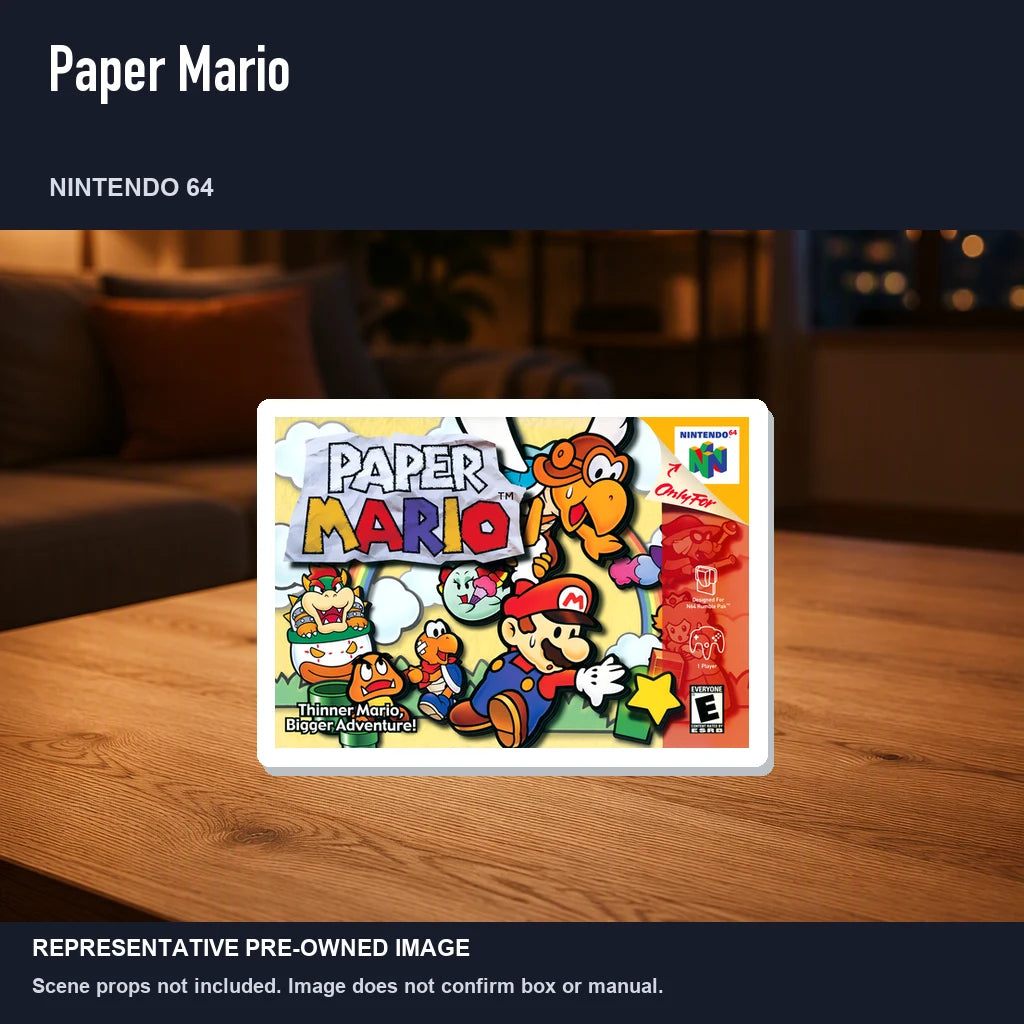 Representative pre-owned Paper Mario (Nintendo 64), product image in a styled room scene.