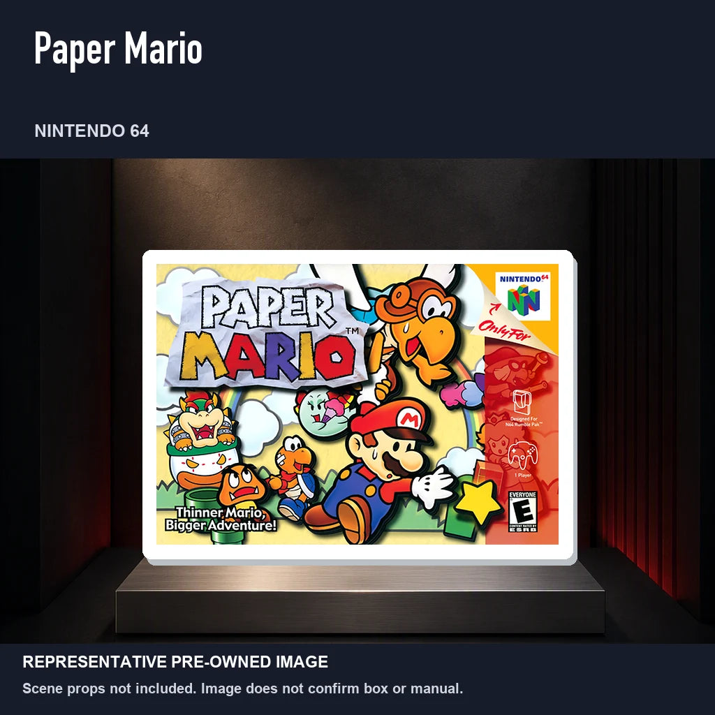 Representative pre-owned Paper Mario (Nintendo 64), product image on a display panel.