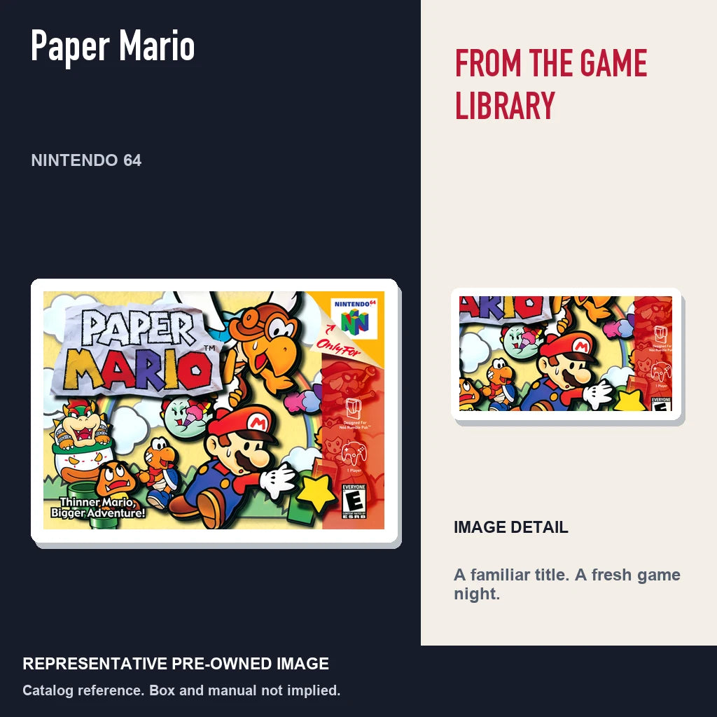 Representative pre-owned Paper Mario (Nintendo 64), editorial image and detail.