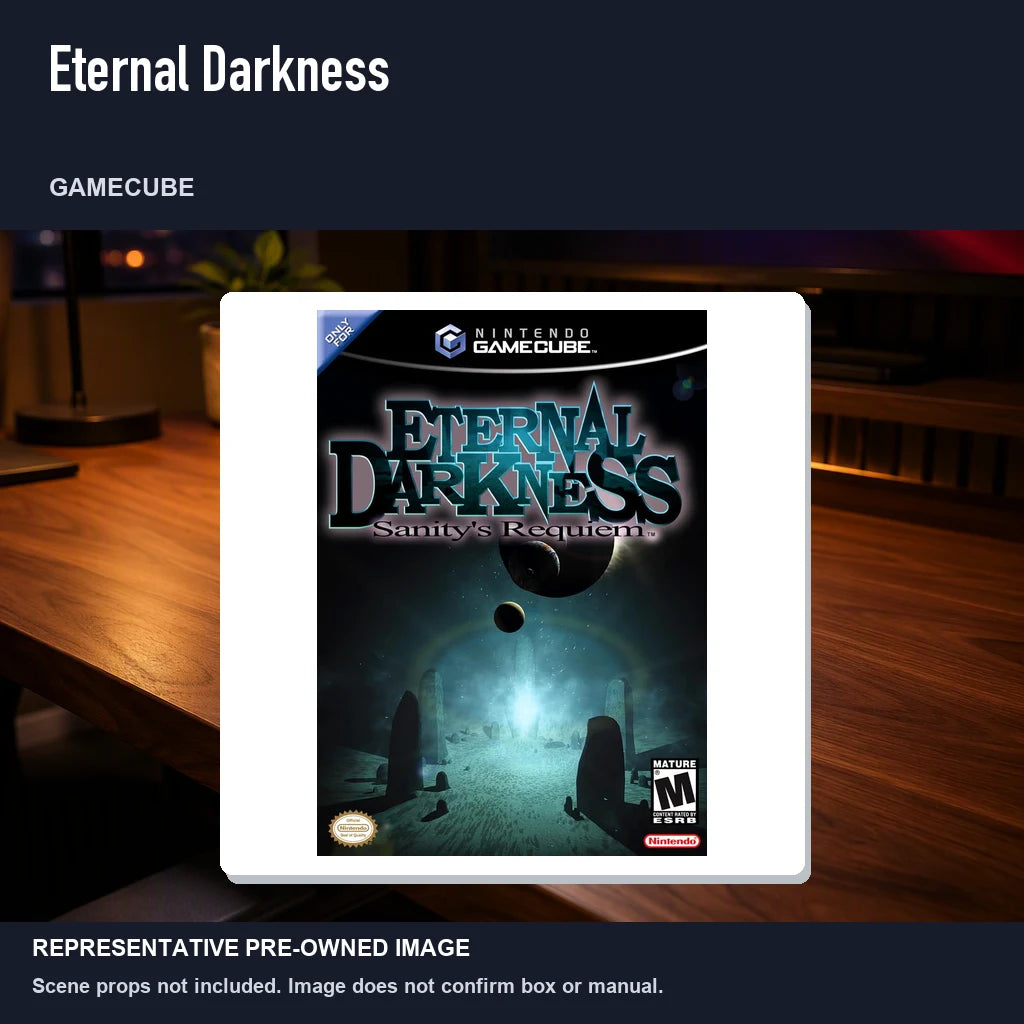 Representative pre-owned Eternal Darkness (GameCube), product image in a styled desk scene.