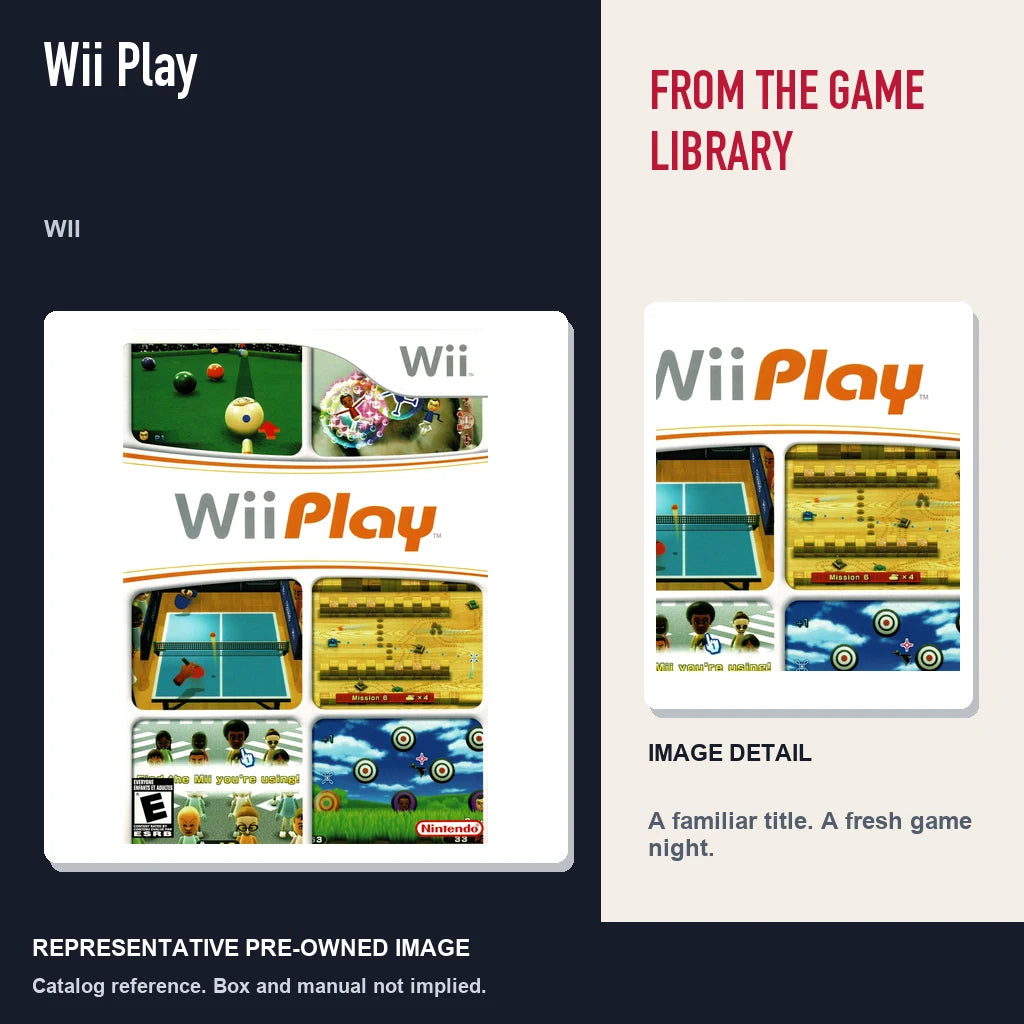 Representative pre-owned Wii Play (Wii), editorial image and detail.