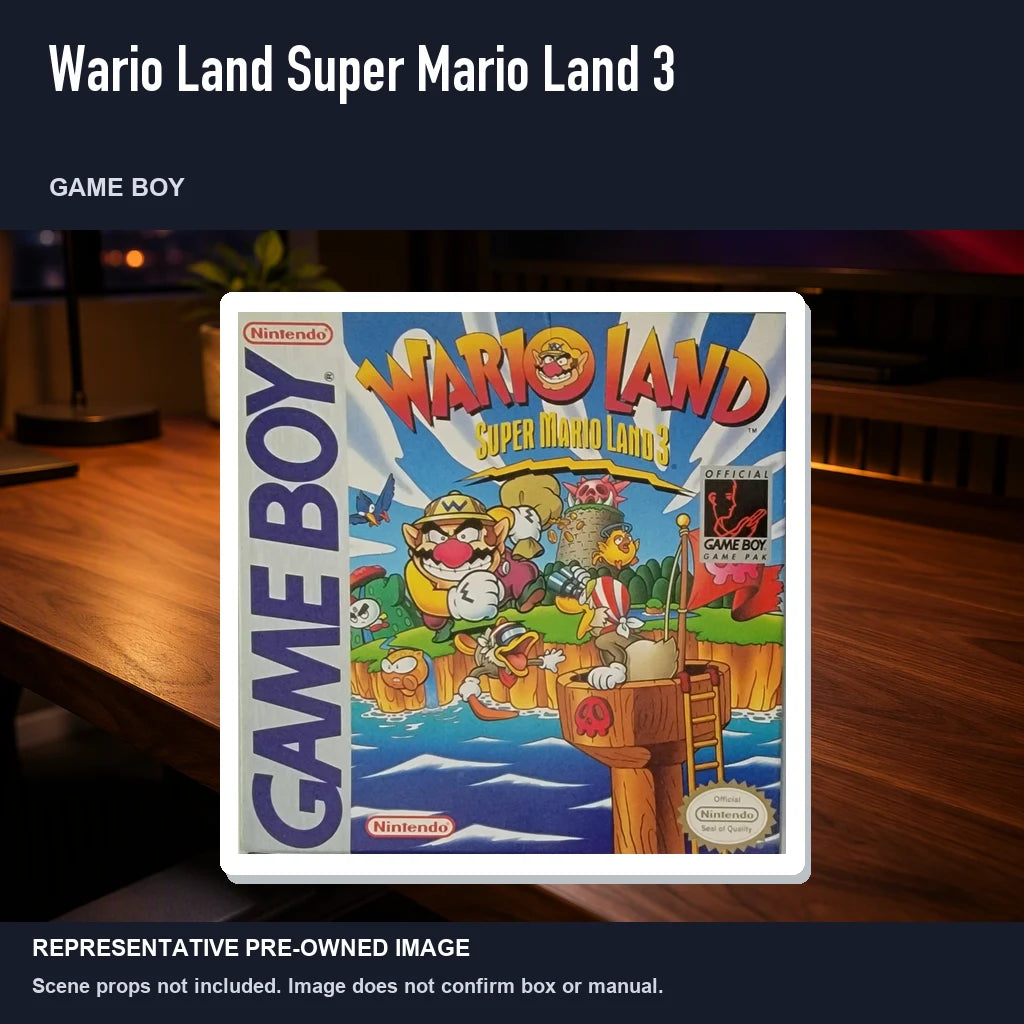 Representative pre-owned Wario Land Super Mario Land 3 (Game Boy), product image in a styled desk scene.