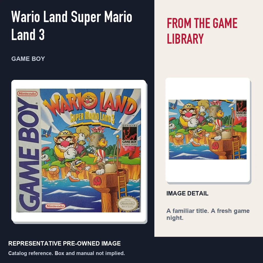 Representative pre-owned Wario Land Super Mario Land 3 (Game Boy), editorial image and detail.
