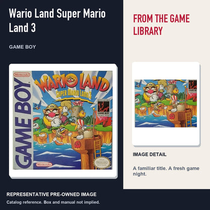 Representative pre-owned Wario Land Super Mario Land 3 (Game Boy), editorial image and detail.