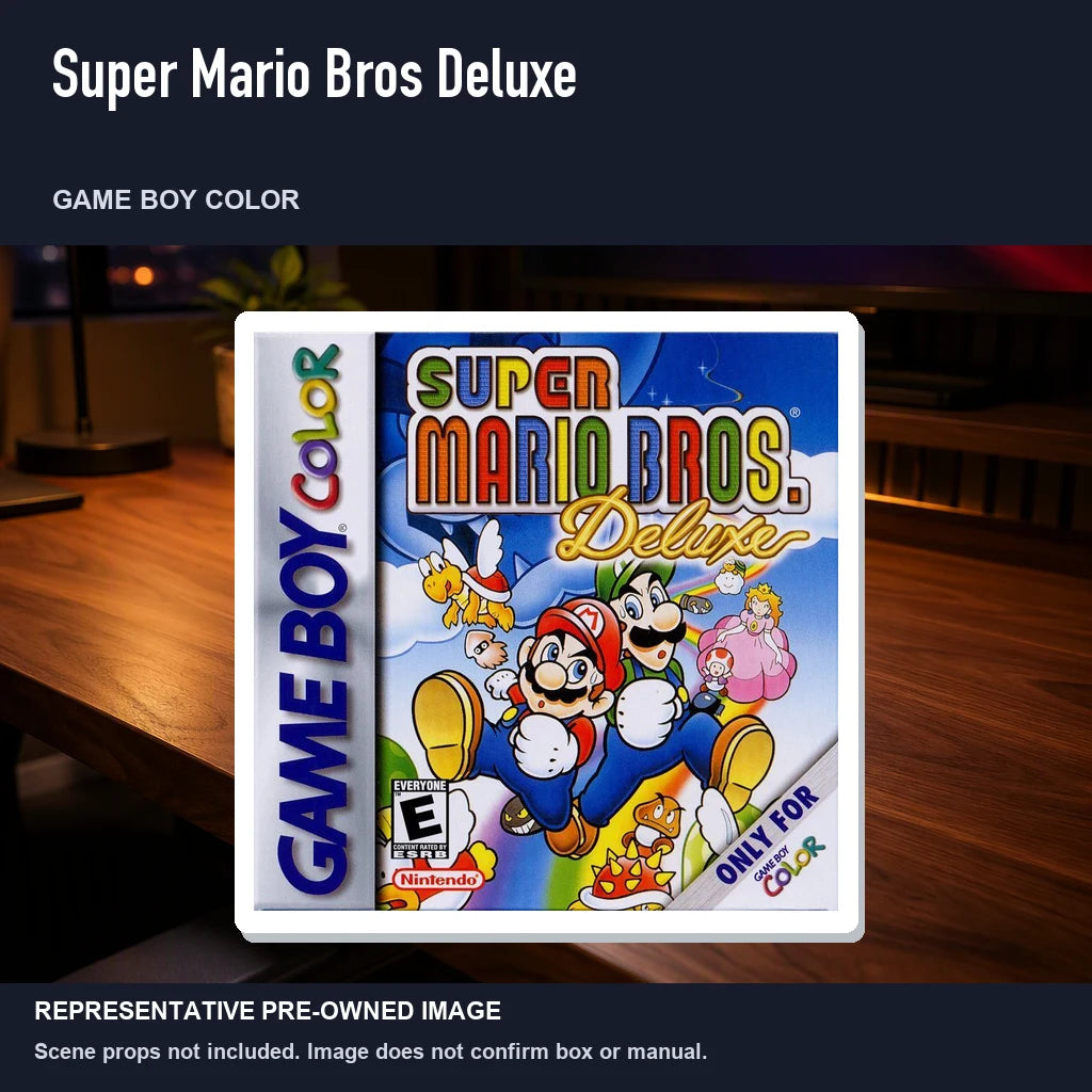 Representative pre-owned Super Mario Bros Deluxe (Game Boy Color), product image in a styled desk scene.