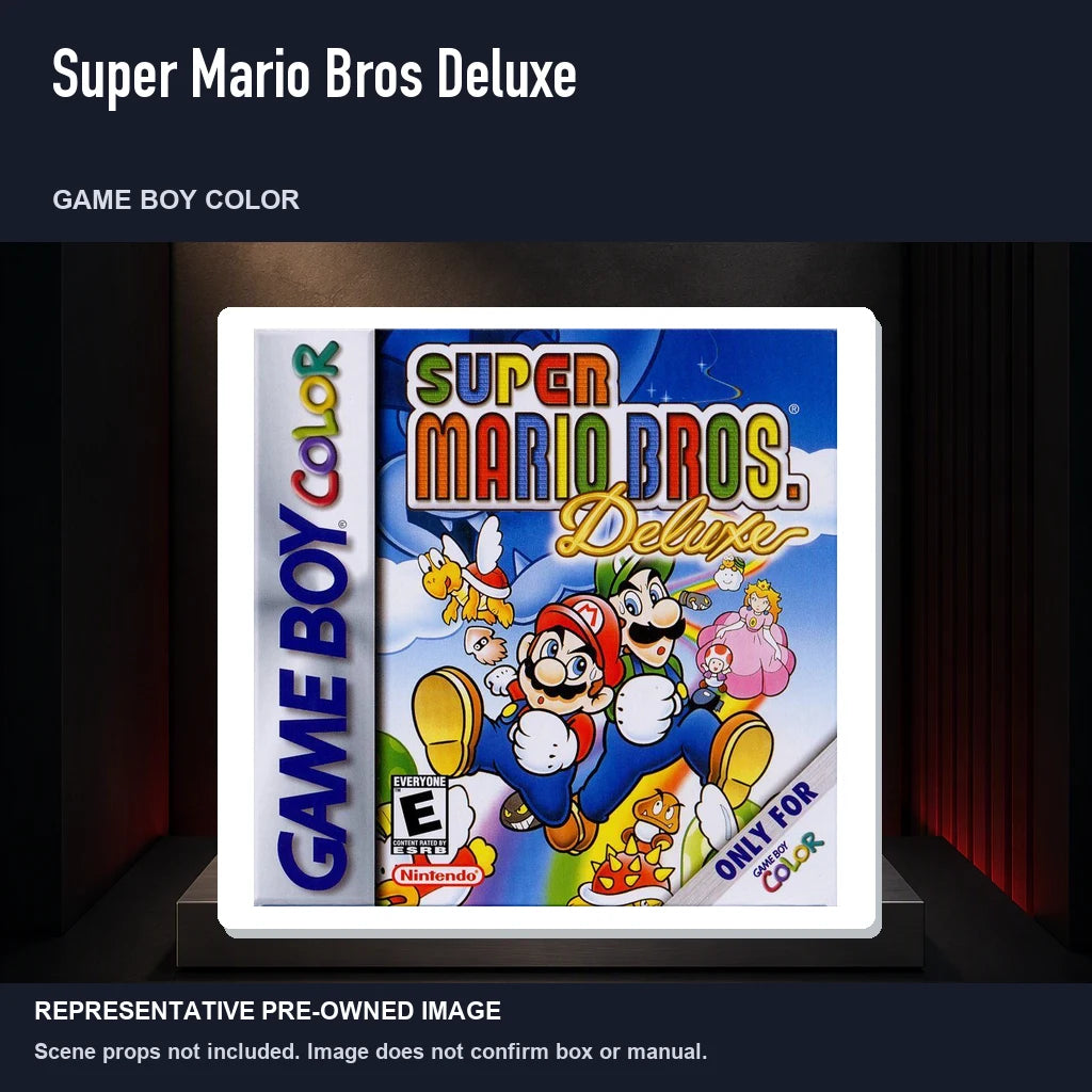 Representative pre-owned Super Mario Bros Deluxe (Game Boy Color), product image on a display panel.