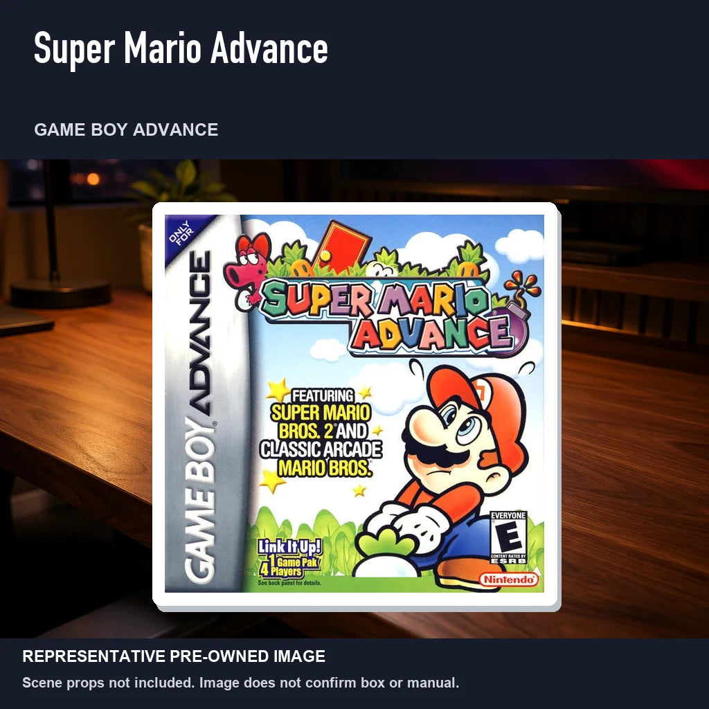 Representative pre-owned Super Mario Advance (Game Boy Advance), product image in a styled desk scene.