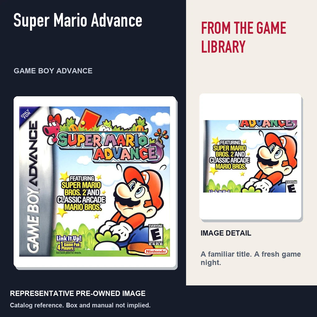 Representative pre-owned Super Mario Advance (Game Boy Advance), editorial image and detail.