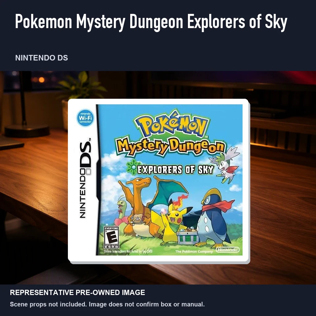 Representative pre-owned Pokemon Mystery Dungeon Explorers of Sky (Nintendo DS), product image in a styled desk scene.