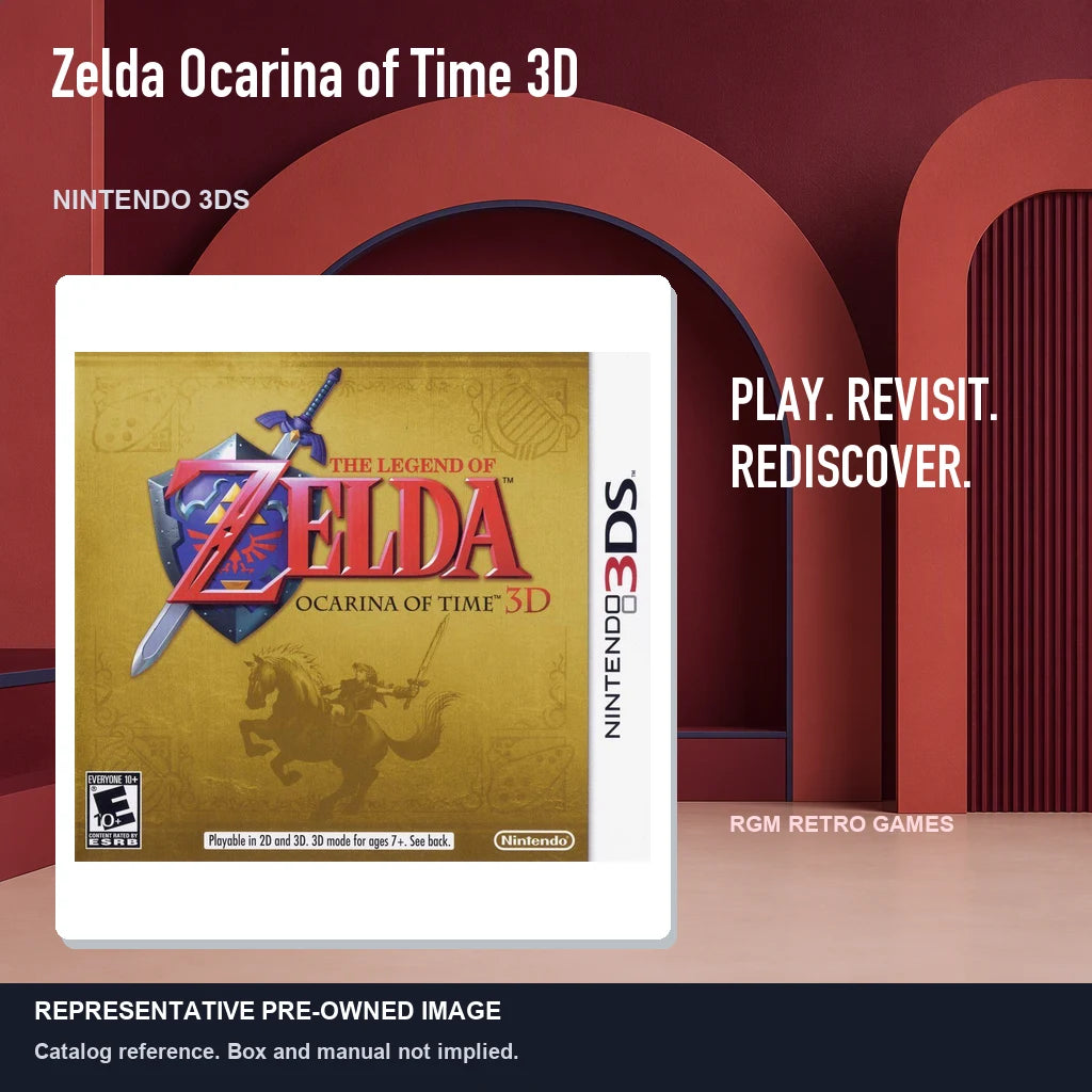 Representative pre-owned Zelda Ocarina of Time 3D (Nintendo 3DS), red retro product layout.