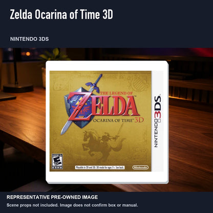Representative pre-owned Zelda Ocarina of Time 3D (Nintendo 3DS), product image in a styled desk scene.