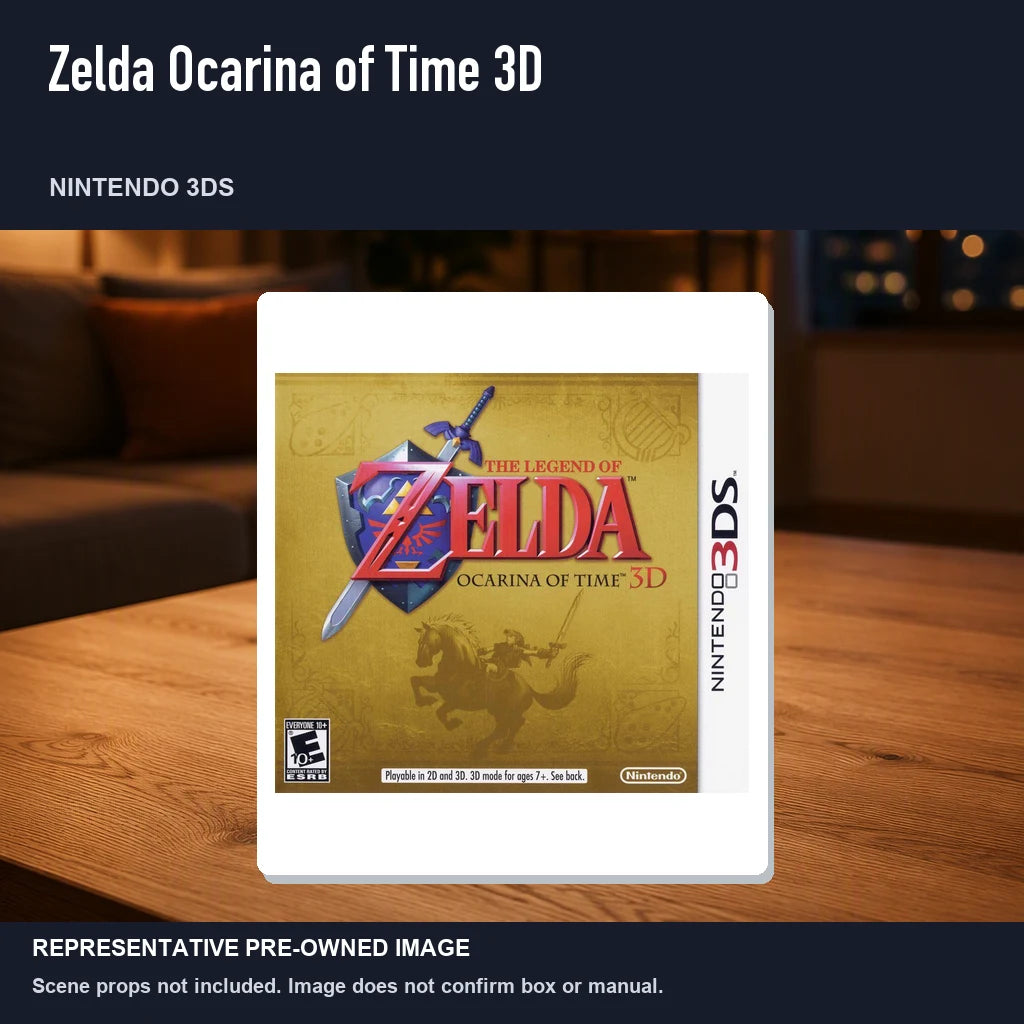 Representative pre-owned Zelda Ocarina of Time 3D (Nintendo 3DS), product image in a styled room scene.
