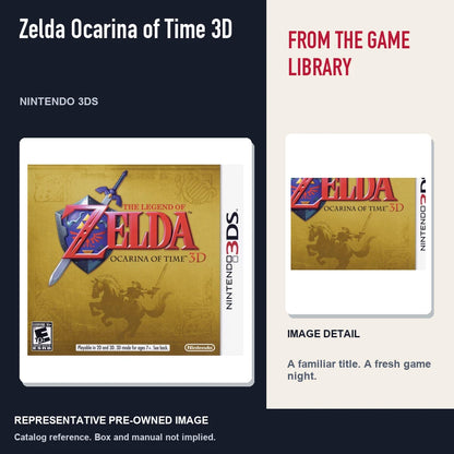 Representative pre-owned Zelda Ocarina of Time 3D (Nintendo 3DS), editorial image and detail.