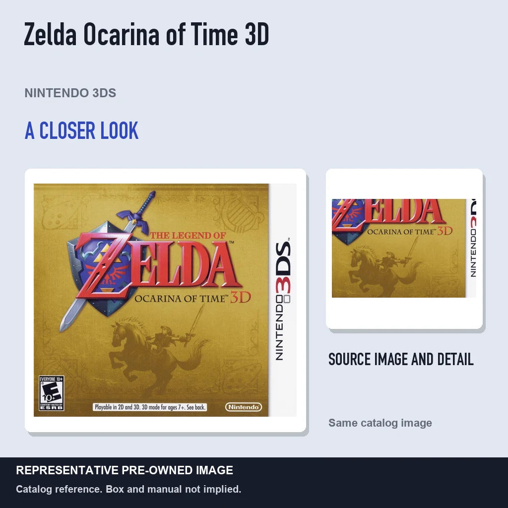 Representative pre-owned Zelda Ocarina of Time 3D (Nintendo 3DS), full image with detail inset.