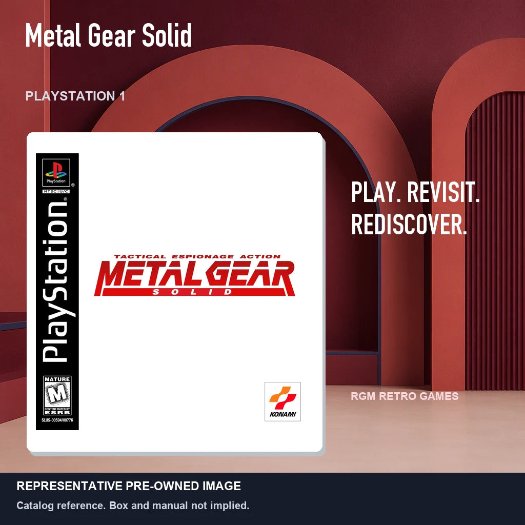 Representative pre-owned Metal Gear Solid (PlayStation 1), red retro product layout.