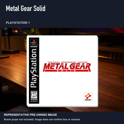 Representative pre-owned Metal Gear Solid (PlayStation 1), product image in a styled desk scene.