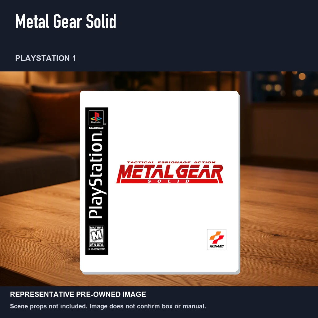 Representative pre-owned Metal Gear Solid (PlayStation 1), product image in a styled room scene.