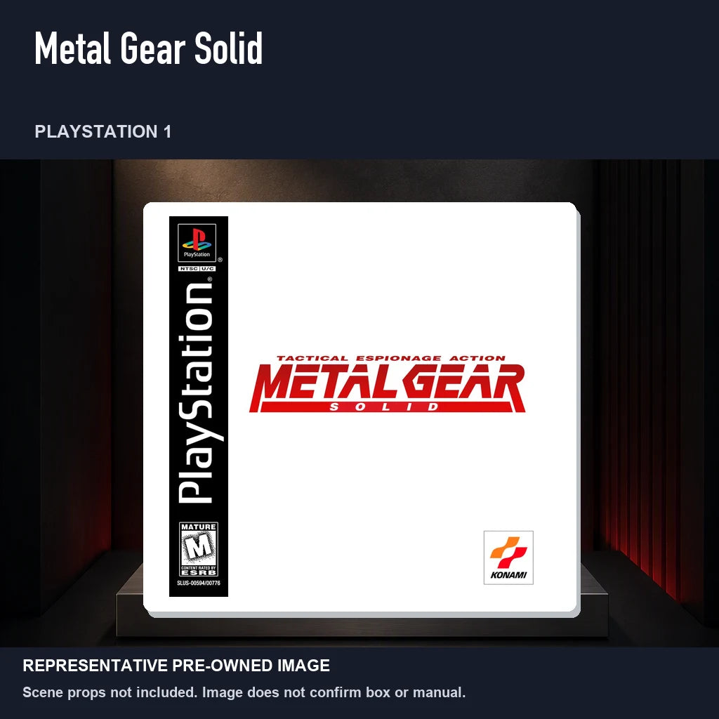 Representative pre-owned Metal Gear Solid (PlayStation 1), product image on a display panel.