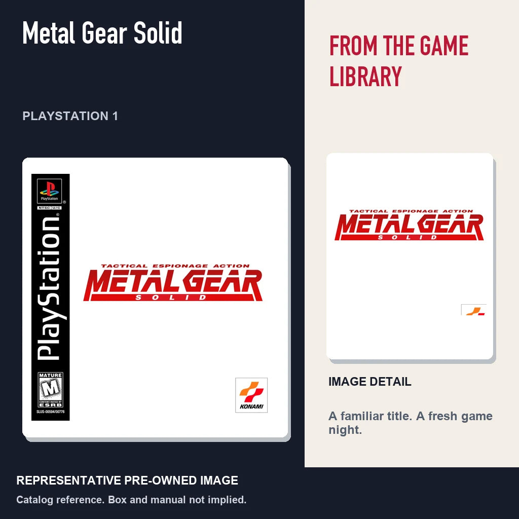 Representative pre-owned Metal Gear Solid (PlayStation 1), editorial image and detail.