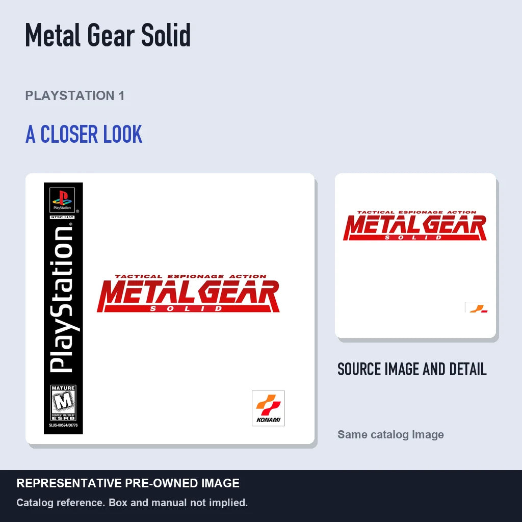Representative pre-owned Metal Gear Solid (PlayStation 1), full image with detail inset.