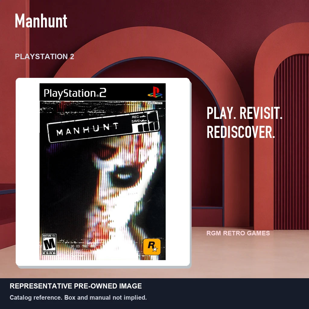 Representative pre-owned Manhunt (PlayStation 2), red retro product layout.