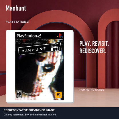Representative pre-owned Manhunt (PlayStation 2), red retro product layout.