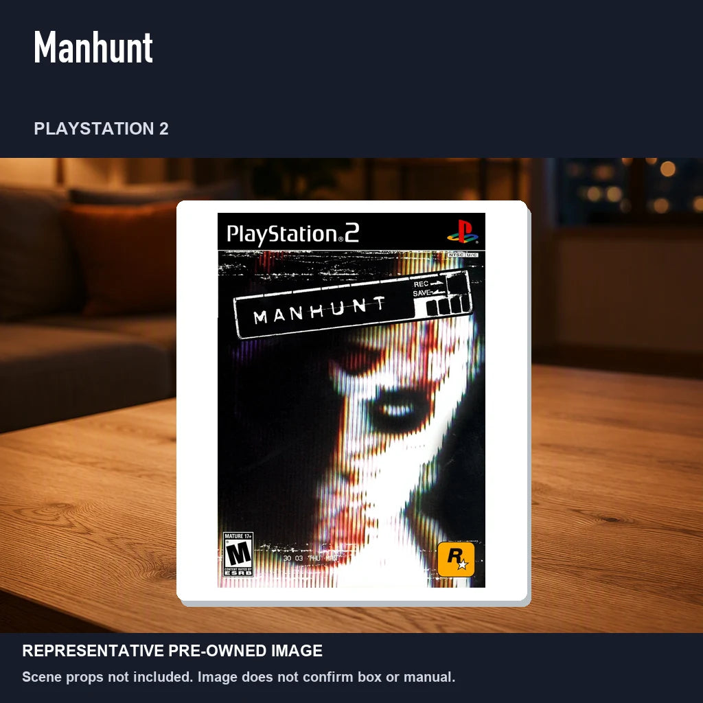 Representative pre-owned Manhunt (PlayStation 2), product image in a styled room scene.