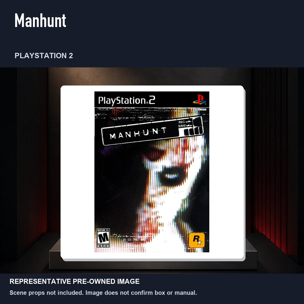 Representative pre-owned Manhunt (PlayStation 2), product image on a display panel.