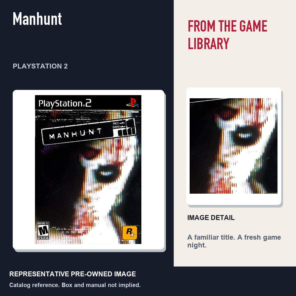 Representative pre-owned Manhunt (PlayStation 2), editorial image and detail.