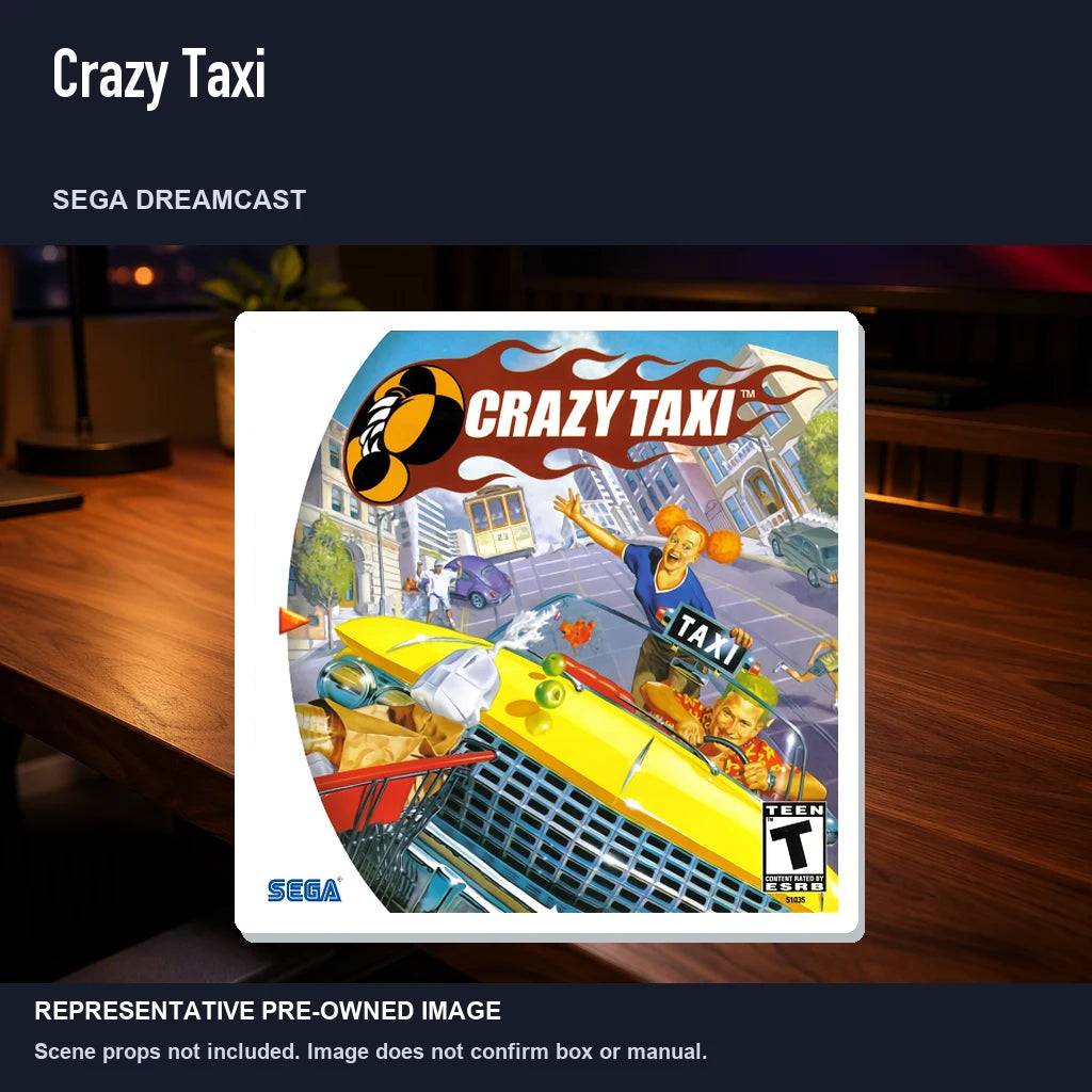Representative pre-owned Crazy Taxi (Sega Dreamcast), product image in a styled desk scene.