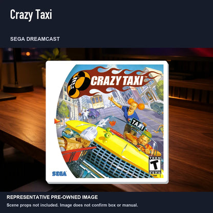 Representative pre-owned Crazy Taxi (Sega Dreamcast), product image in a styled desk scene.