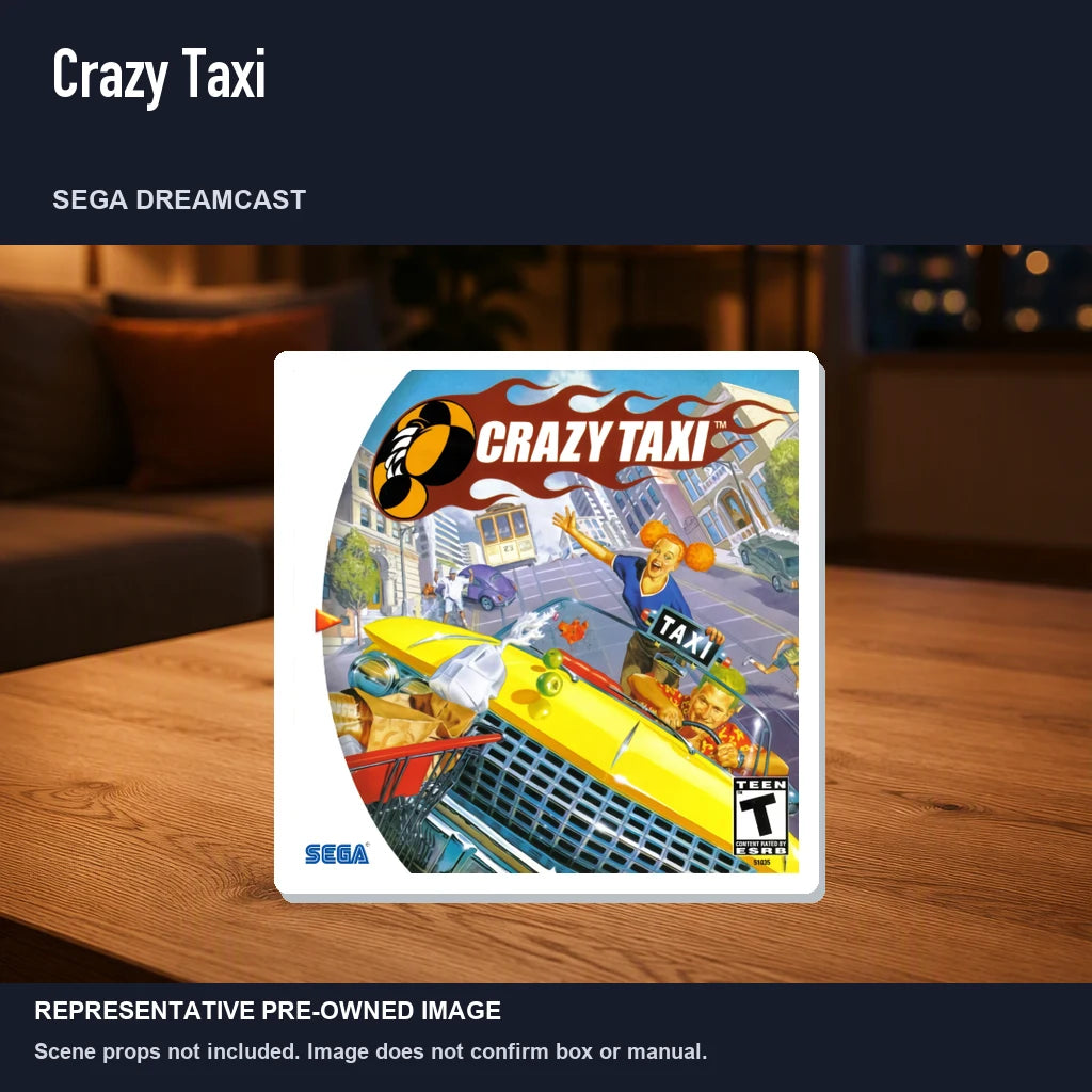 Representative pre-owned Crazy Taxi (Sega Dreamcast), product image in a styled room scene.
