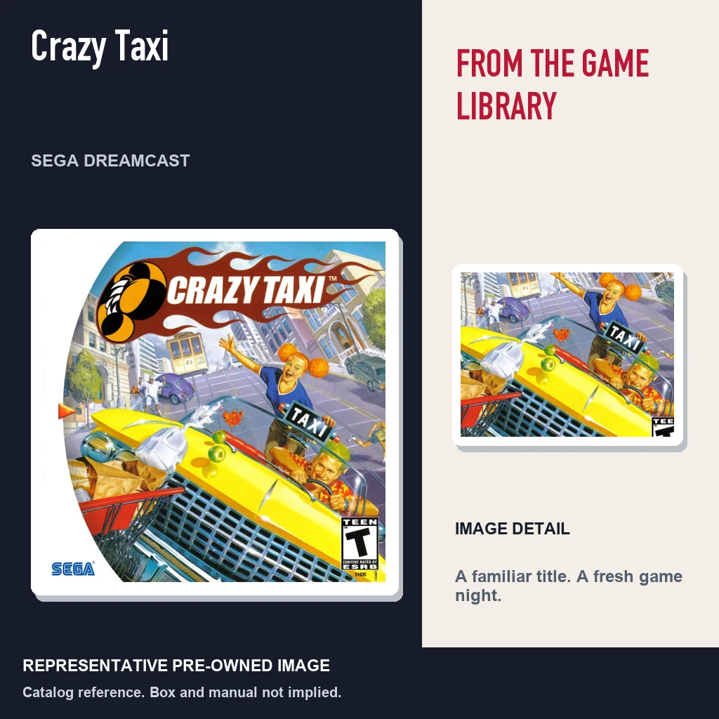 Representative pre-owned Crazy Taxi (Sega Dreamcast), editorial image and detail.