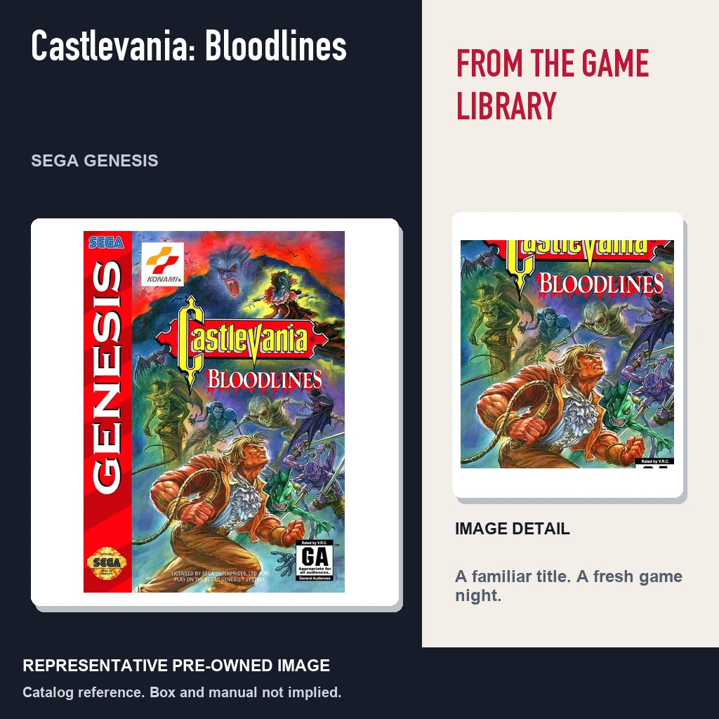 Representative pre-owned Castlevania: Bloodlines (Sega Genesis), editorial image and detail.