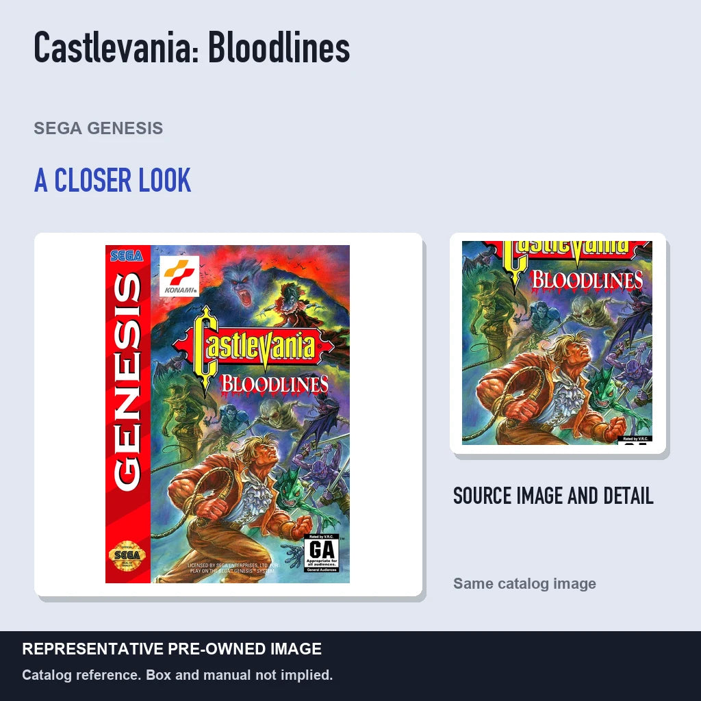 Representative pre-owned Castlevania: Bloodlines (Sega Genesis), full image with detail inset.