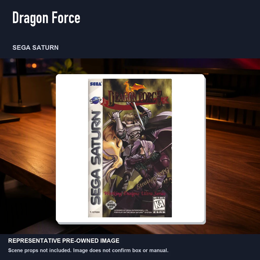 Representative pre-owned Dragon Force (Sega Saturn), product image in a styled desk scene.