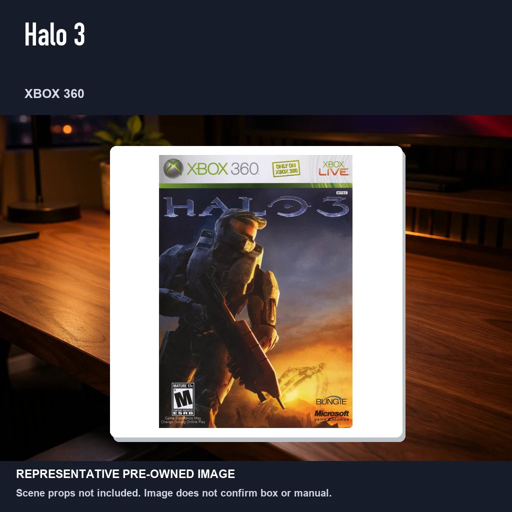 Representative pre-owned Halo 3 (Xbox 360), product image in a styled desk scene.