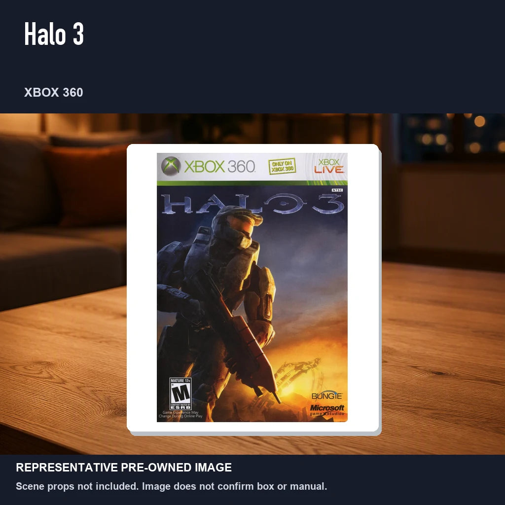 Representative pre-owned Halo 3 (Xbox 360), product image in a styled room scene.
