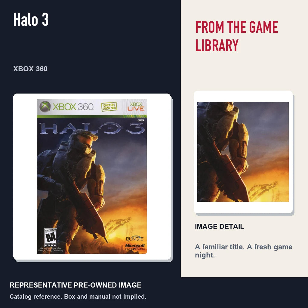 Representative pre-owned Halo 3 (Xbox 360), editorial image and detail.