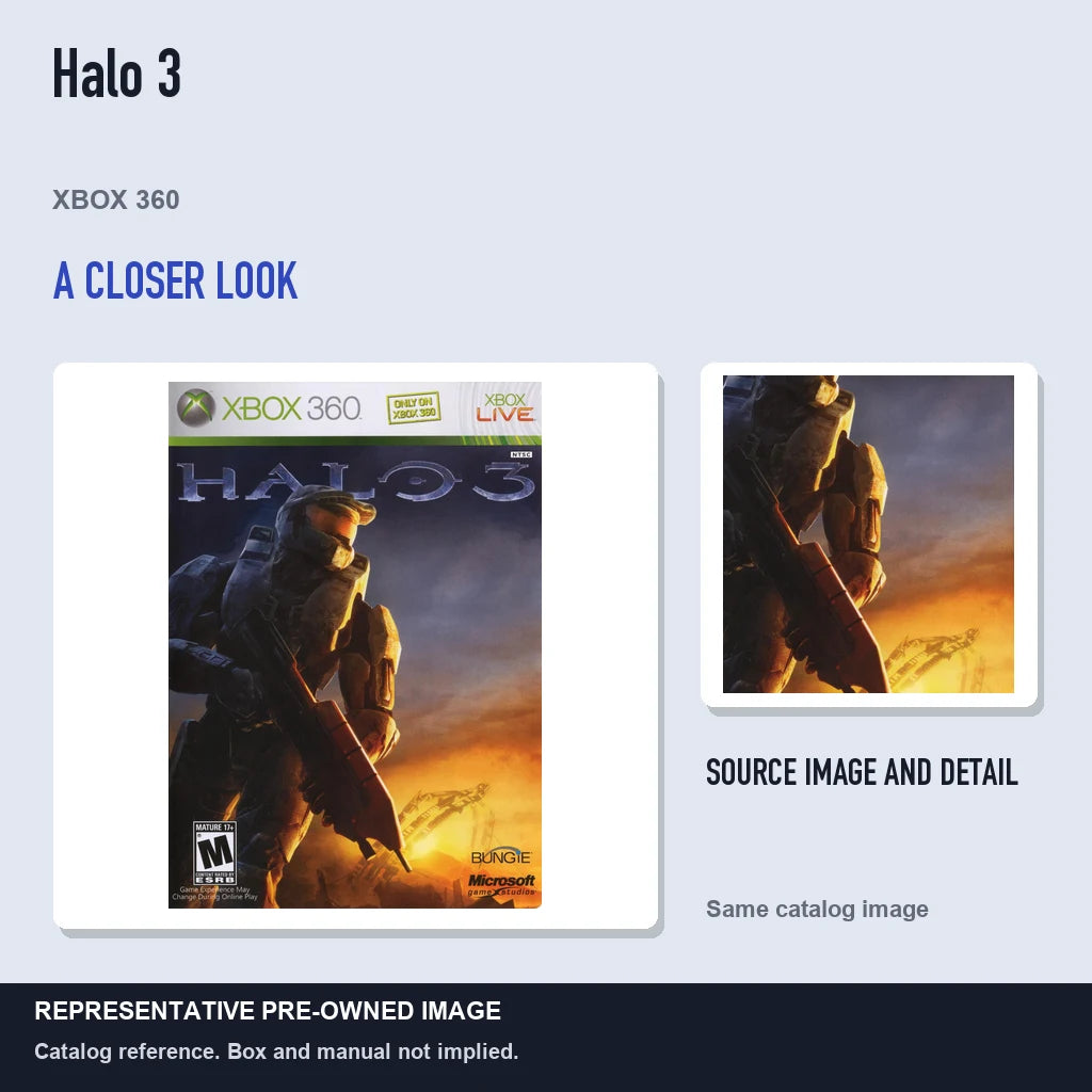 Representative pre-owned Halo 3 (Xbox 360), full image with detail inset.
