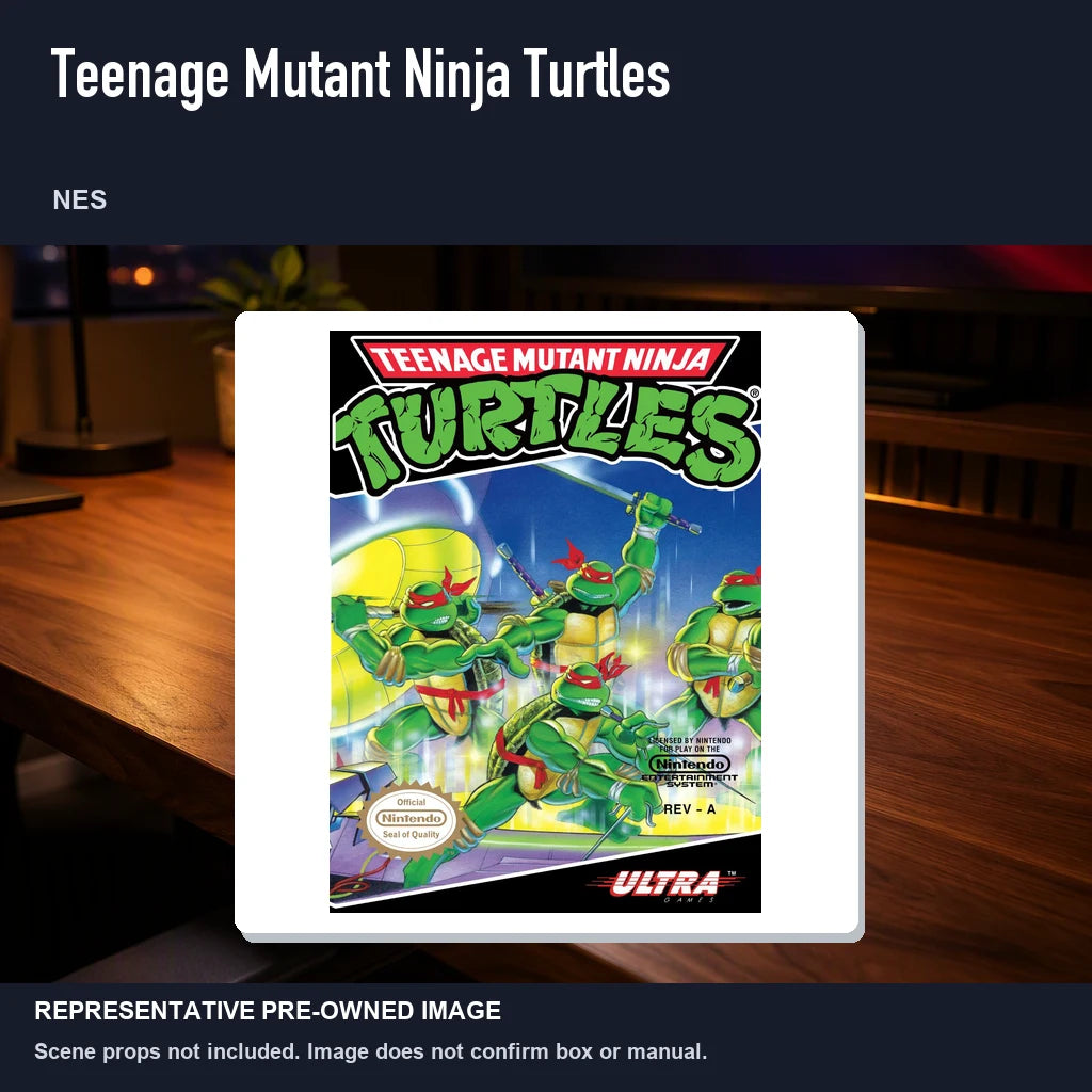 Representative pre-owned Teenage Mutant Ninja Turtles (NES), product image in a styled desk scene.
