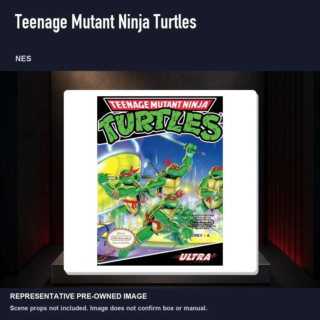 Representative pre-owned Teenage Mutant Ninja Turtles (NES), product image on a display panel.