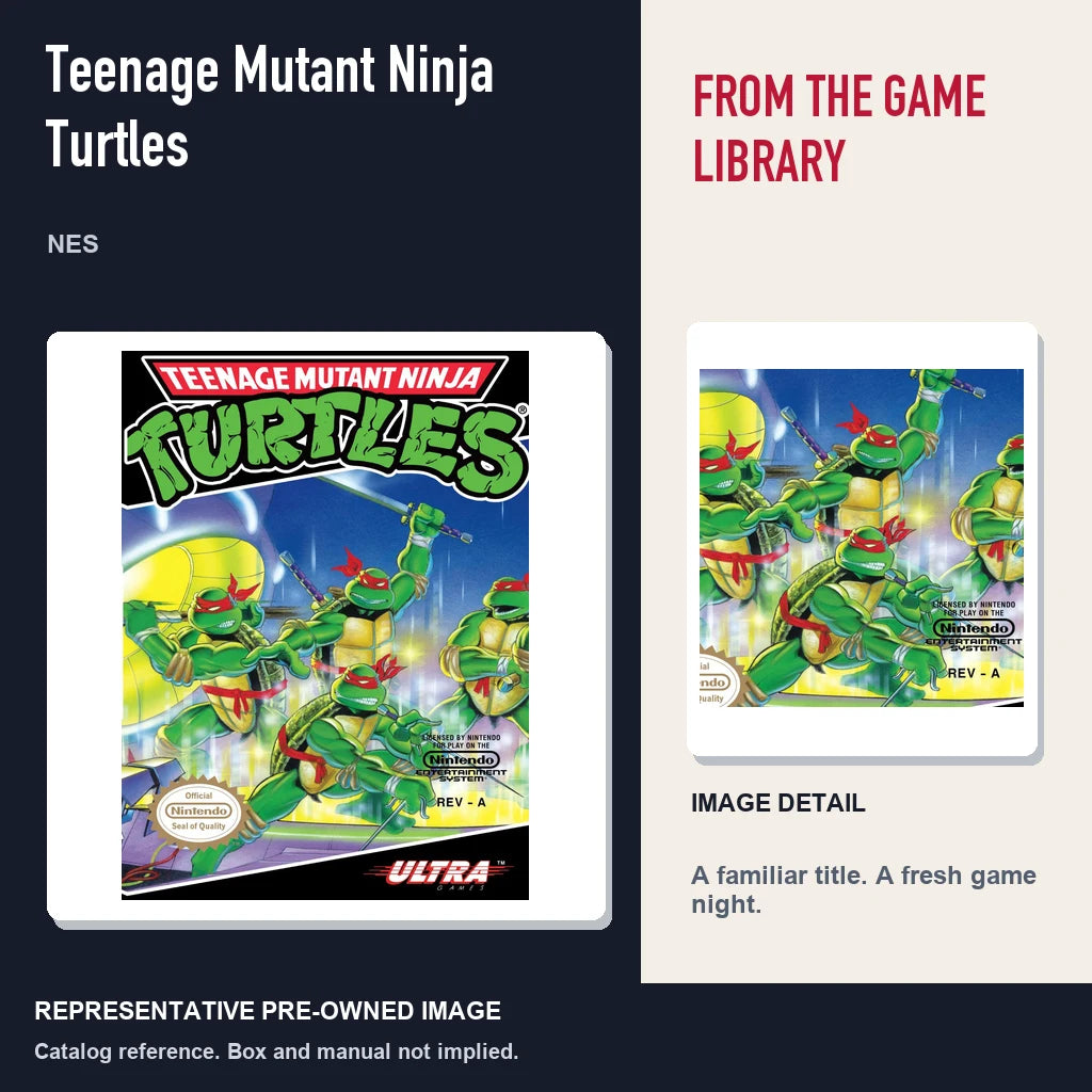 Representative pre-owned Teenage Mutant Ninja Turtles (NES), editorial image and detail.