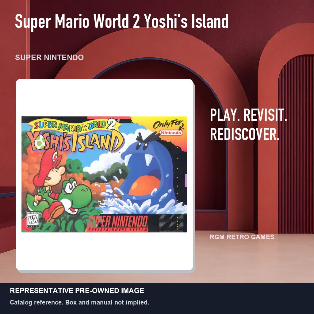 Representative pre-owned Super Mario World 2 Yoshi's Island (Super Nintendo), red retro product layout.