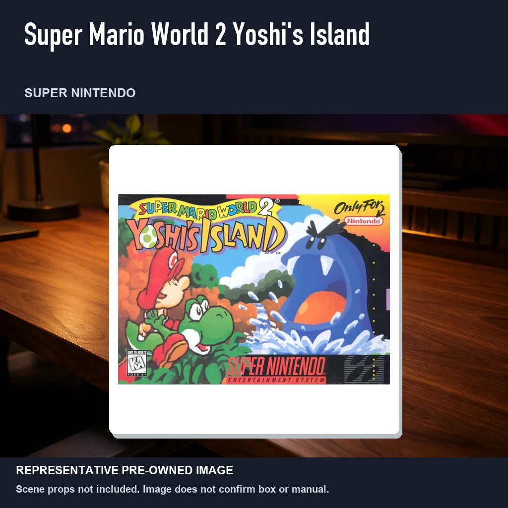Representative pre-owned Super Mario World 2 Yoshi's Island (Super Nintendo), product image in a styled desk scene.