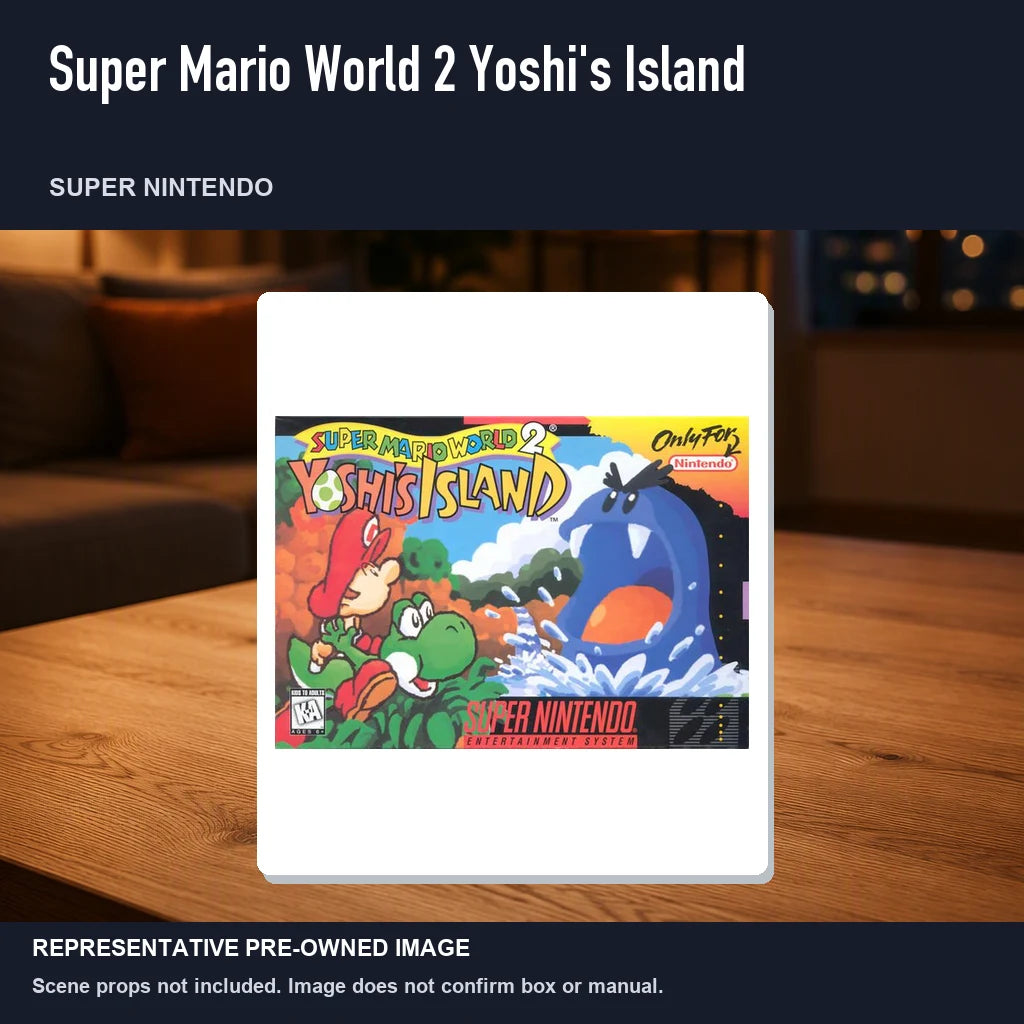 Representative pre-owned Super Mario World 2 Yoshi's Island (Super Nintendo), product image in a styled room scene.
