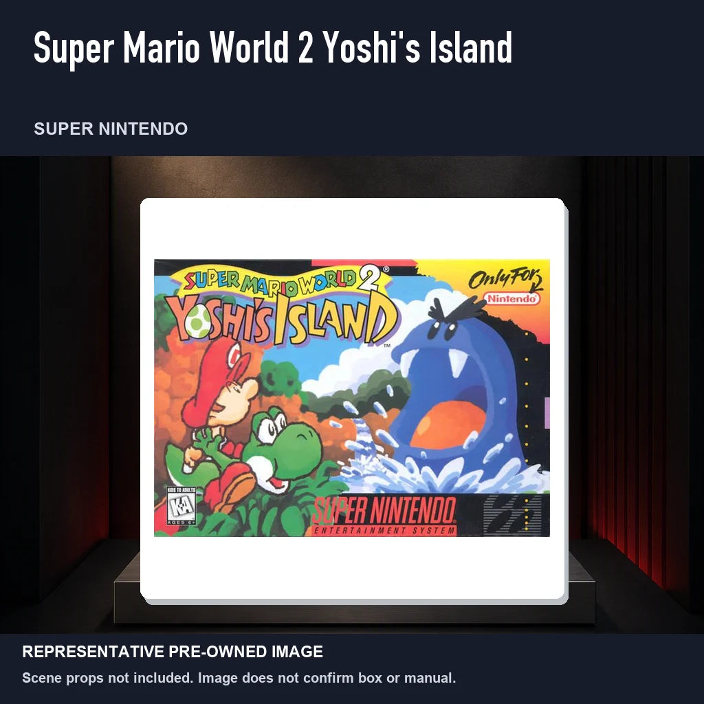 Representative pre-owned Super Mario World 2 Yoshi's Island (Super Nintendo), product image on a display panel.