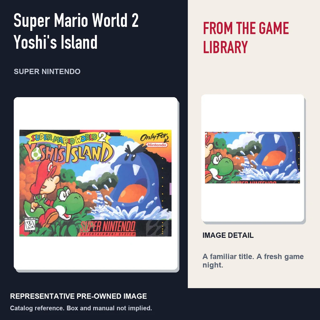 Representative pre-owned Super Mario World 2 Yoshi's Island (Super Nintendo), editorial image and detail.